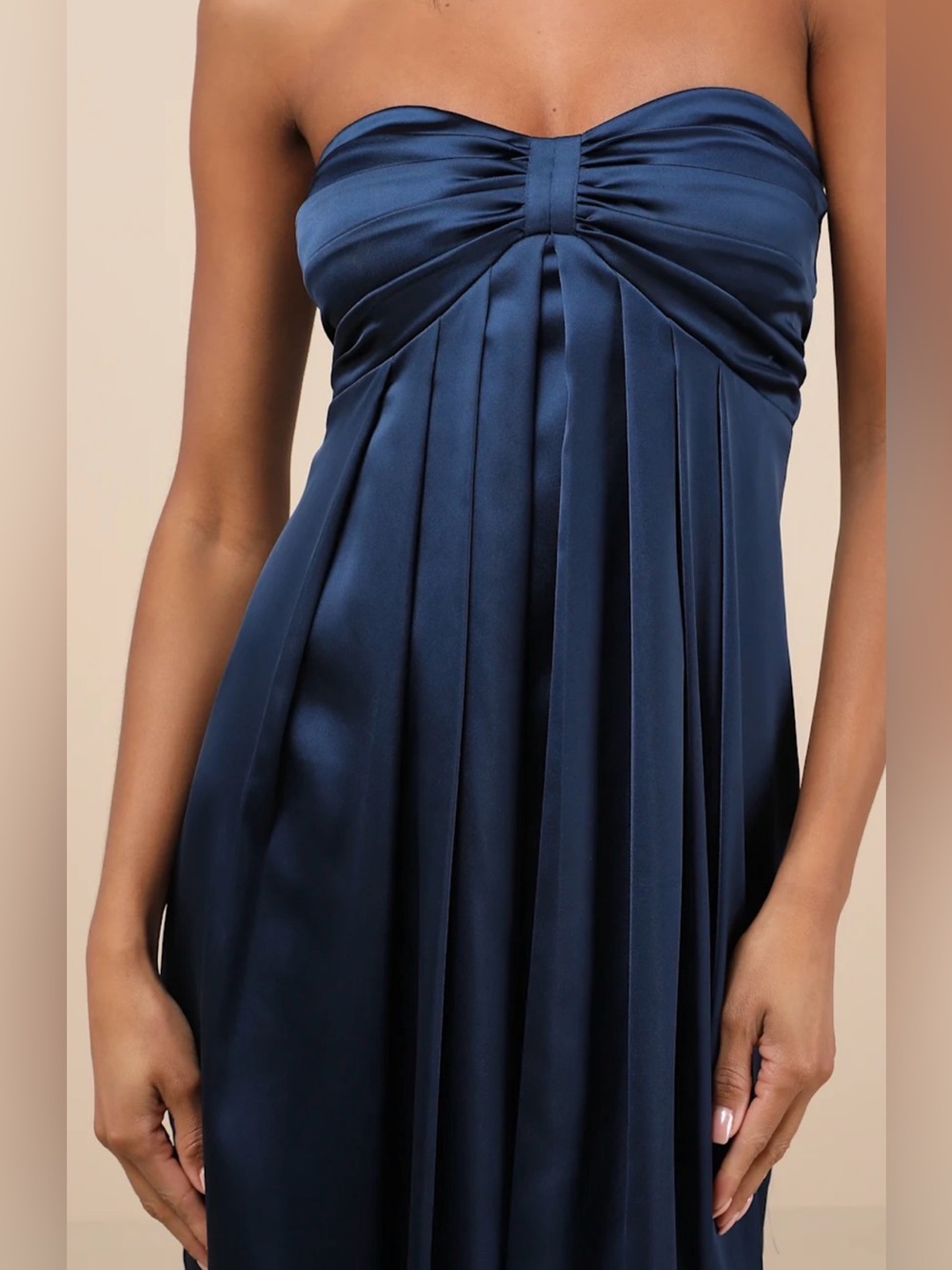 Lulu's Strapless Midnight Blue Satin Pleated Gown - Picture 3 of 10